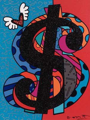 une peinture représentant le symbole du dollar sur fond rouge