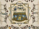 a picture of a tapestry with a picture of a horse drawn carriage