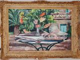 a painting of flowers in a vase on a table