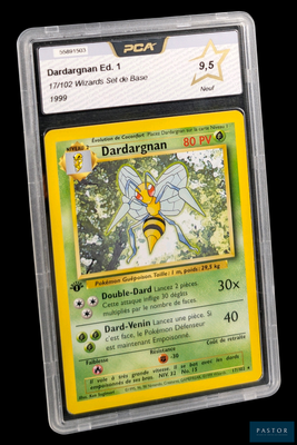 gros plan d'une carte pokemon dans un étui en plastique