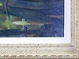 a painting of a bird sitting on a branch in the water