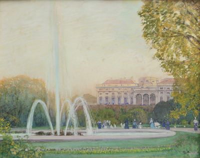 un tableau représentant une fontaine dans un parc, avec un bâtiment en arrière-plan