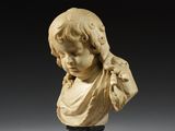 a white marble bust of a boy with a scarf on his head