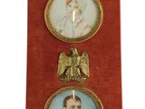 three pictures of a man and a woman on a red banner