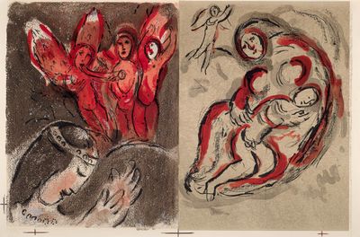 deux dessins représentant une femme et un homme, en rouge et noir