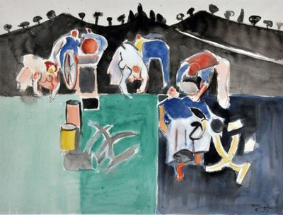 a painting of a group of people riding on a bike