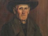 tableau représentant un vieil homme avec un chapeau et une canne