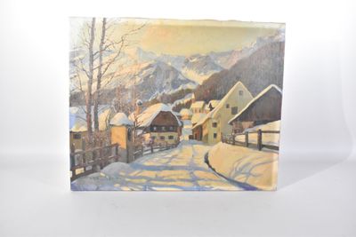 tableau représentant un village de montagne recouvert de neige