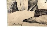 a black and white drawing of a room with a bed