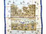 an image of a blue and white scarf with birds