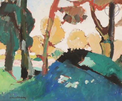 une image représentant un tableau où l'on voit des arbres et une rivière dans un champ