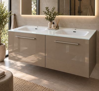 two sinks in a bathroom with a large mirror above them