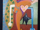 peinture abstraite représentant une femme et un chat sur une table