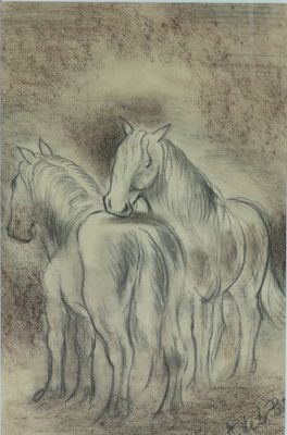 dessin représentant un groupe de chevaux rassemblés dans un champ