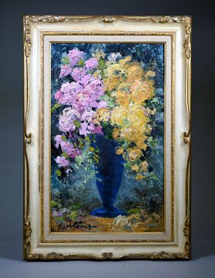 Noël CANEPA (1935) Bouquet de fleurs dans un vase bleu.