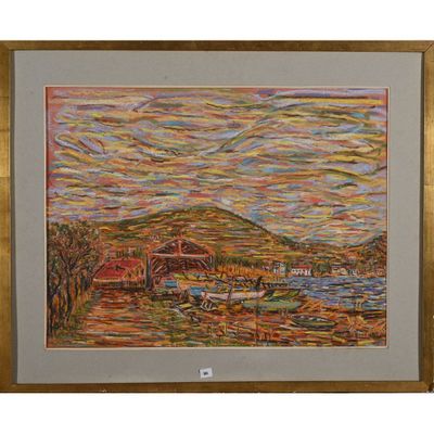 peinture d'un paysage avec une rivière et des montagnes en arrière-plan