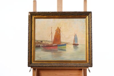 a picture of a painting on a easel with a boat in the water