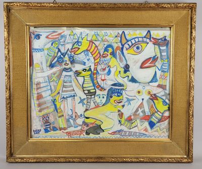 tableau représentant un groupe de chats et un chien, dans un cadre doré