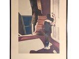 painting of a man holding a baby in his arms in front of a staircase