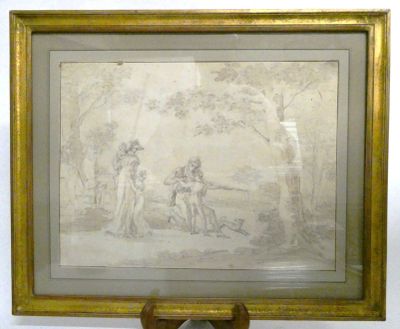 painting of a man and a woman in a wooded setting with a dog