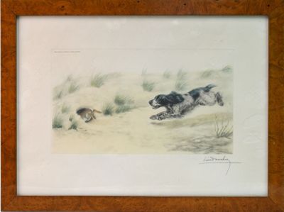 painting of a dog chasing a duck in the sand