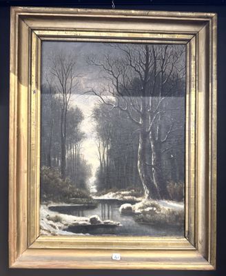 un tableau représentant un paysage enneigé avec un ruisseau au premier plan