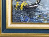 a painting of a boat on the water with yellow flowers