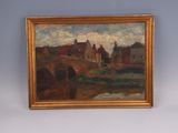 a painting hanging on the wall above a bed