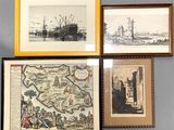 trois photos encadrées représentant une carte et un bateau