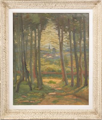 une peinture à l'huile représentant des arbres et un sentier dans une zone boisée