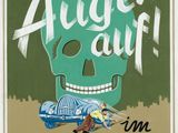 une vieille affiche sur laquelle figurent un crâne et une voiture