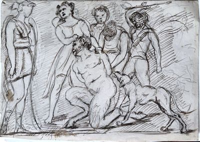 dessin représentant un groupe de personnes et un chien dans un champ