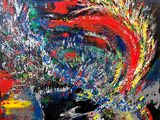 peinture abstraite représentant un tourbillon de rouge, jaune, bleu et vert