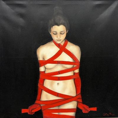 un tableau représentant une femme empêtrée dans la paperasserie