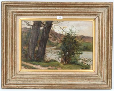 an image of a painting of a river and trees in a gold frame