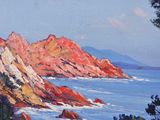 painting of a view of the ocean from a hill with trees