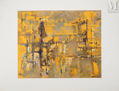 une peinture abstraite représentant un paysage urbain dans des tons de jaune et de gris