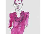 a drawing of a woman in a pink dress with a necklace on her neck