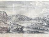 une ancienne gravure représentant une vallée avec des chevaux et un homme à cheval