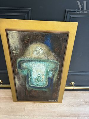 une peinture à l'huile représentant une bouteille verte posée sur un plancher en bois