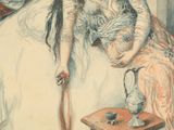 a painting of a woman sitting on a chair with a cane