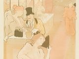 painting of a man in a top hat sitting at a table in a restaurant