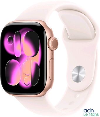 Apple Watch Series 3 avec un bracelet Sport blanc et un motif rose et jaune
