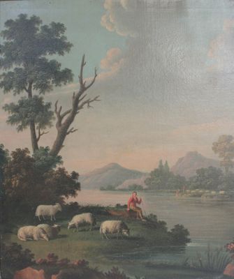 a painting on the wall of a room with a painting of a man and a dog