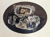 tableau représentant une nature morte avec un miroir, des vases et d'autres objets