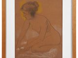 an image of a drawing of a nude woman sitting on a bed