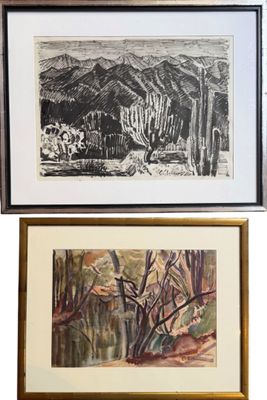 deux photos encadrées représentant un paysage désertique avec des cactus et des montagnes en arrière-plan