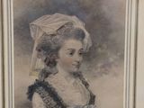 painting of a woman in a white dress and a white hat