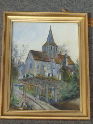 une peinture à l'huile représentant une église surmontée d'un clocher
