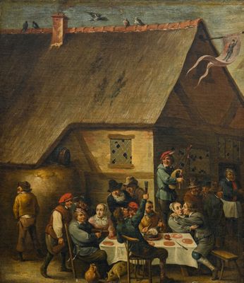 tableau représentant un groupe de personnes assises autour d'une table à l'extérieur d'une maison